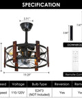 Specification chart of Enclosed Cage Ceiling Fan With Remote Control And Light, Rustic Farmhouse Flush Mount Fandelier, showing dimensions and features