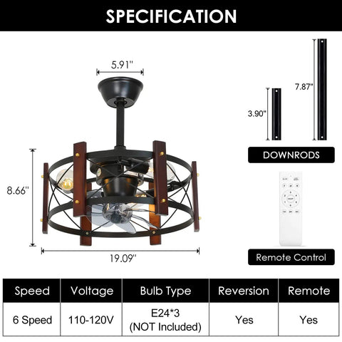Specification chart of Enclosed Cage Ceiling Fan With Remote Control And Light, Rustic Farmhouse Flush Mount Fandelier, showing dimensions and features