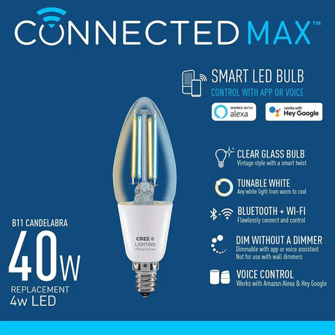 Smart LED Vintage Glass Filament B11 Bulb 40W Equivalent Tunable White 2200K To 6500K 2.4GHz WiFi Bluetooth Works With Alexa