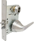 TownSteel MRX-S-L-07-32D-IC mortise lock with ligature-resistant lever trim, satin stainless steel, installed on door