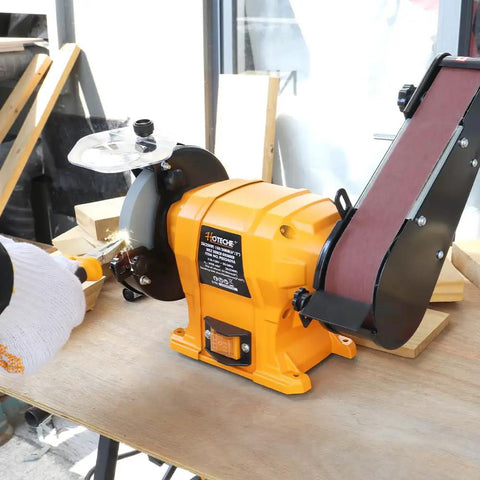 Tough As Nails 2 IN 1 Bench Grinder And 2X27 Inch Belt Sander Combo driving a 250W motor on woodwork table.