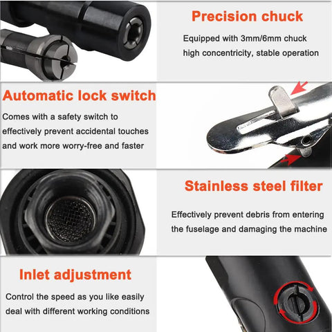 Features of 11 Inch Extra Long Straight Air Die Grinder With A Badass Pneumatic Build And 22000 RPM: chuck, lock switch, filter, inlet adjustment.