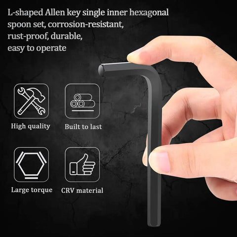 Close-up of hand holding Allen wrench from 30 Piece Hex Key Set With Short And Long Arm SAE And Metric Allen Wrenches For Furniture Assembly