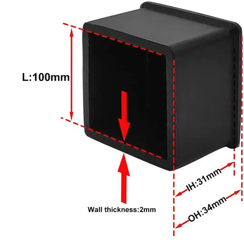 Heavy Duty Rubber Furniture Glide Caps Square Chair Leg Covers Non Slip Floor Savers with detailed dimensions shown.