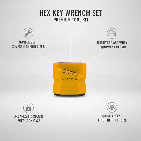 Top Notch 9 Piece Hex Key Wrench Set With Durable PVC Case For Easy Furniture Assembly, Home Repair Projects, And Equipment Maintenance Keeping All Tools Secure And Organized So You Can Get The Job Done Fast Without Losing Any Bits. 9-piece hex key set in yellow PVC case