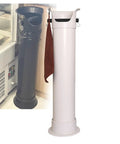 Game Changing Heavy Duty Vertical Espresso Knock Box For Pro Bars And Home Cafes With Reinforced Knock Bar and Spacious 8.6 Liter Grounds Bin Built On A Rock Solid Anti Skid Platform In Clean White featuring a white cylindrical design with a hanging towel.