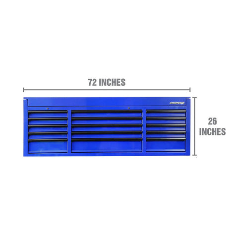 Pro Level Heavy Duty 72 Inch 15 Drawer Tool Chest With Secure Locking Front, 19 Gauge Steel Construction And Eva Liners, Knockout Garage Storage Rig For Dad And Crew, top view with dimensions.