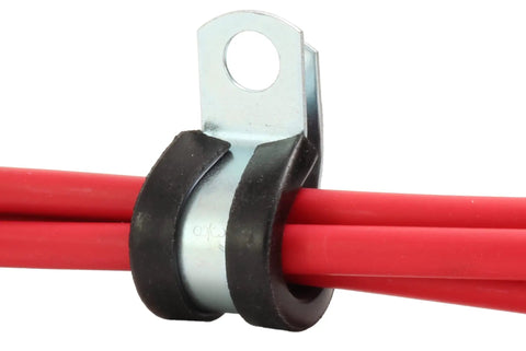 Beefy 3/8 Inch Rubber Cushioned Steel Cable Straps 10 Pack For Heavy Duty Wiring With 1/4 Inch Mount Hole Holds Single Wires Or Bundles Up To 3/8 Inch Tougher Than Nylon Clamps holding red cables