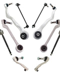 Top Shelf 10 Piece Steering Suspension Refresh Kit For BMW Models Including Control Arms Ball Joints Sway Links And Tie Rods arranged for installation.