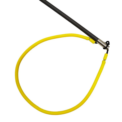 Close-up of Carbon Fiber 5 Foot Two Piece Pole Spear Set With Travel Bag Three Prong Stainless Tip Yellow Sling Lightweight Ice Fishing Gear