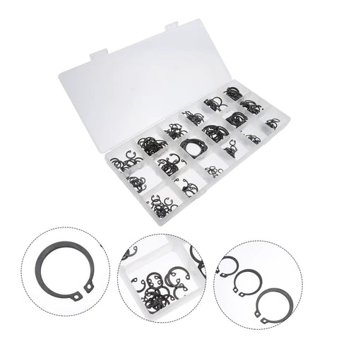 225 Piece Carbon Steel C Shape Retaining Ring Kit External Snap Rings in transparent case, compartments visible