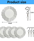 Five Pack Eight Inch Round Sublimation Wind Spinner Blanks In Stainless Steel with hooks and size details for decor.