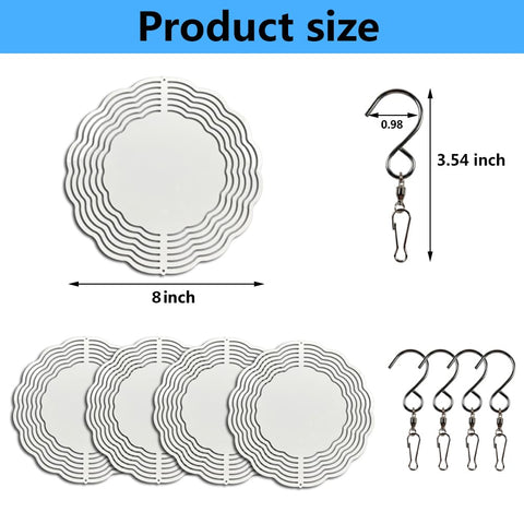 Five Pack Eight Inch Round Sublimation Wind Spinner Blanks In Stainless Steel with hooks and size details for decor.