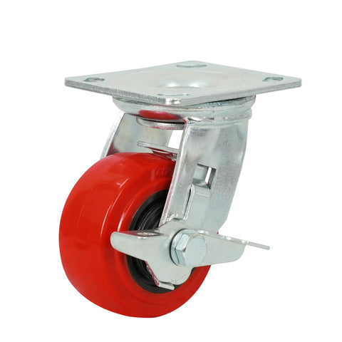 Heavy Duty 4 Inch Red Polyurethane Swivel Caster With Wheel Brake, 550 Lbs Rugged Capacity, Nonmarking Floor Savin Rubber Wheel, Smooth Cruisin Industrial Swivel Roller For Heavy Loads And Equipment