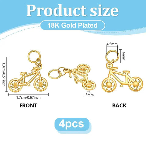 18K Gold Plated Bicycle Charms Set With 4 Pieces Stainless Steel Double Sided Bike Pendants For DIY Jewelry Making Necklace Bracelet Earrings And Keychains Dope Cycling Accessories, showing front and back view with size measurements.