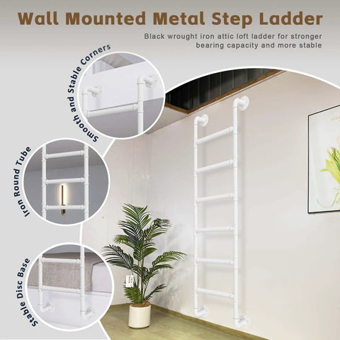 Rock Solid Indoor Bunk Bed Ladder Wall Mounted With Non Slip Round Tube Grip Heavy Duty Metal Loft Bed Access Sturdy ladder mounted on wall.