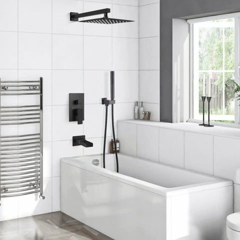 Matte Black Rainfall Shower System With Tub Spout Wall Mount Faucet Set 12 Inch Shower Head And 2 In 1 Handheld Sprayer Shower Combo