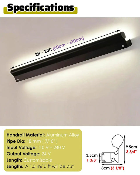 Transform Your Space With This Game Changing Indoor Aluminum Railing Kit Featuring Smart Motion Sensor Activated Led Lights And Heavily Reinforced 1.4 Millimeter Bars For Stairs Balconies Decks And Super Slick Home Upgrades specifications showing aluminum alloy handrail and dimensions.