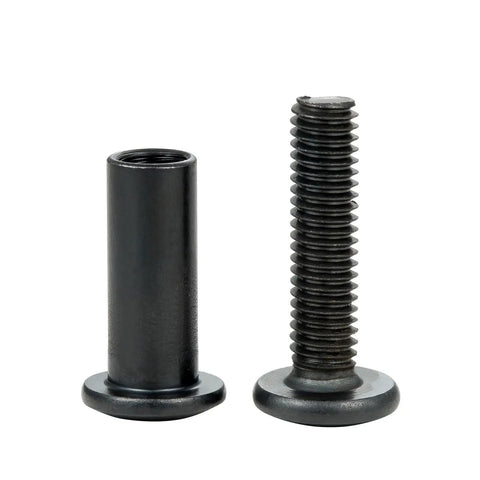 Close-up of black M6x25mm furniture bolt and barrel nut from 100 Pcs M6x25mm Furniture Bolts Hex Screws And Barrel Nuts Kit for woodworking.