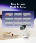 Android 14 interface on 4K Portable Projector With WiFi 6 And Bluetooth 5.4, showing app access like YouTube, Hulu, and HBO Max.