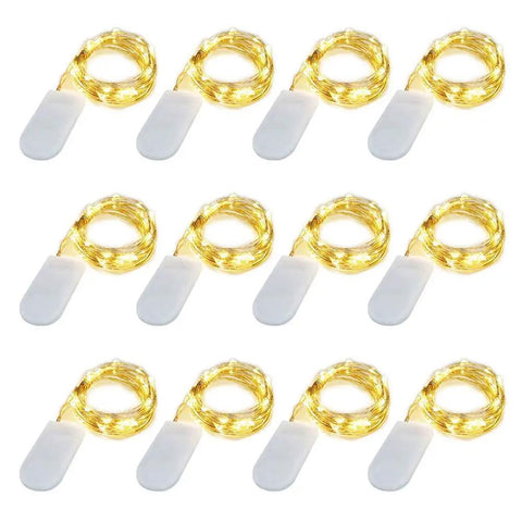 12 Pack 20 Micro LED Fairy String Lights On Slim Silver Copper Wire 3.3 Ft Each With Batteries Included displayed on white background