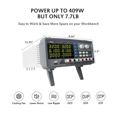 32V 6A Adjustable Multi Channel DC Power Supply MPS-3264 with display, encoder knob, and preset storage slots.