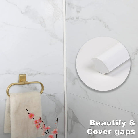 Flexible Quarter Round Molding Trim 16.4 Ft Peel And Stick Self Adhesive White Easy To Install For Floors Countertops Walls Cabinets No Mess Removal No Residue in bathroom setting showing edge detail.