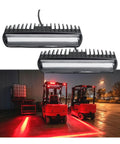 Amp Up Shop Floor Safety Using This Hella Visible Forklift Warning Lamp That Projects Bold Red Ground Signals For Raymond 8210 Industrial Trucks And Warehouse Loading Areas, showcasing 2-pack lamps and illuminated forklifts.