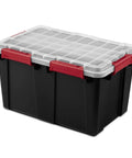 Two Pack Heavy Duty Plastic Storage Bins Thirteen Point Five Gallon Gasket Totes With Airtight Silicone Seals Rock Solid For Garage Basement Or Attic Hella Waterproof And Drop Dead Tough Black, featuring red handles and clear lid.