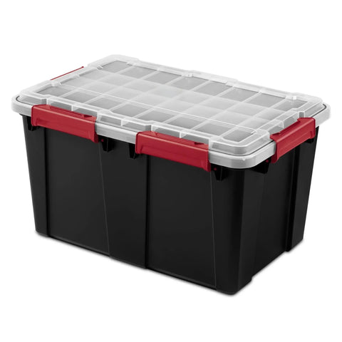 Two Pack Heavy Duty Plastic Storage Bins Thirteen Point Five Gallon Gasket Totes With Airtight Silicone Seals Rock Solid For Garage Basement Or Attic Hella Waterproof And Drop Dead Tough Black, featuring red handles and clear lid.