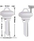 Premium Copper Blank Key Set Of 50 Uncut Keys For Home And Pro Use with measurements for 5 pin locks, key dimensions shown.