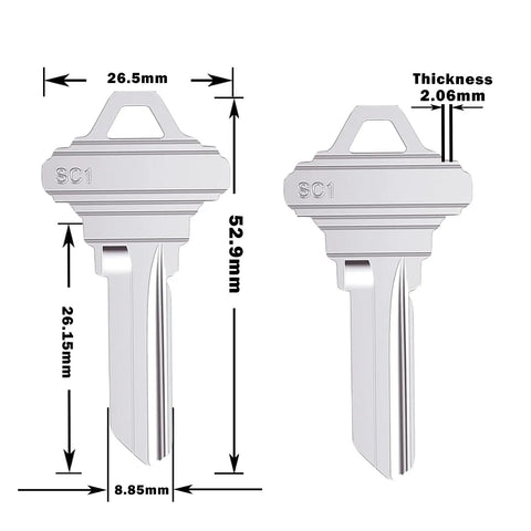 Premium Copper Blank Key Set Of 50 Uncut Keys For Home And Pro Use with measurements for 5 pin locks, key dimensions shown.