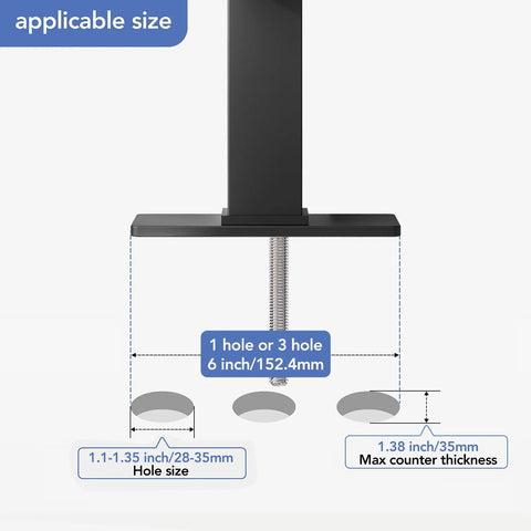 Diagram showing size compatibility for Black Single Hole Bathroom Faucet With One Handle Vanity Faucet Matte Finish For Sink 1 Hole Kit Includes Metal Drain Deck Plate Overflow And Water Supply Line No Hassle Install