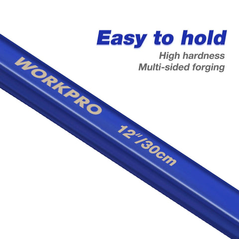 Close-up of Two Piece Nail Puller Set with 12 Inch Pry Bar, blue handle, text 'Easy to hold' visible, forged steel built tough
