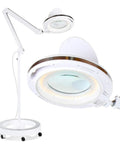 LightView Pro Magnifying Glass With Light And Stand, hands free floor lamp with 6 wheel base, close view of LED magnifier lens.