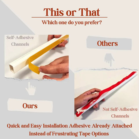 Comparison of Paintable White Wall Cord Hide Kit For TV Cables, 157-Inch Raceway System with adhesive versus non-adhesive channels.