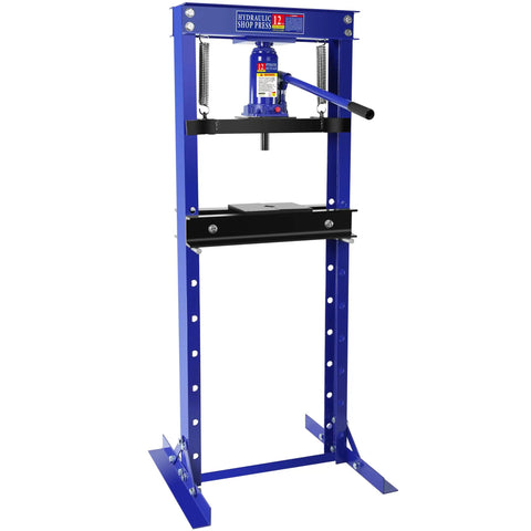 Front view of Heavy Duty 12 Ton Hydraulic Shop Press With H Frame Garage Floor Workhorse Adjustable Working Table Height