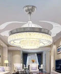 Retractable Ceiling Fan With LED Chandelier, Remote Control, 42 Inch Chrome Finish Modern Light Kit in a living room setting