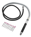 Pneumatic pencil die grinder kit with black hose and pink grinding tips, ideal for metal shaping and polishing tasks.