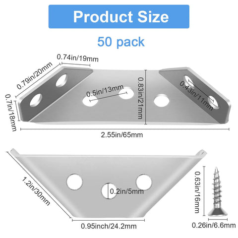 50 Pcs Universal Stainless Steel Furniture Corner Connectors With Screws diagram showing dimensions and pack size
