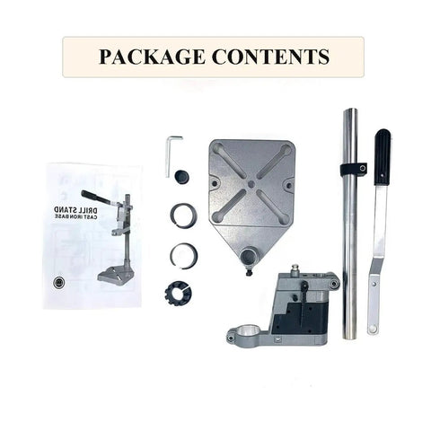 Package contents of Adjustable Drill Press Stand For Hand Drill Universal Bench Clamp, including aluminum base and steel column components.