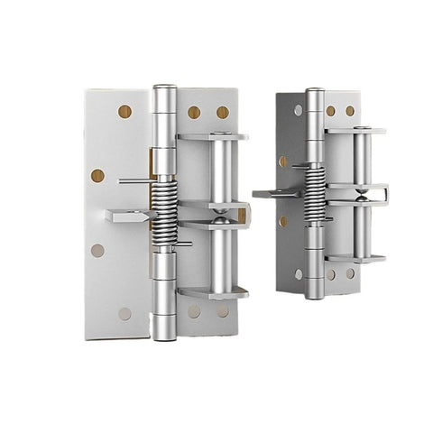 Three In One Door Closer With Spring Hinge For Interior Doors Auto Self Close Smooth Operation Quiet Close Fits Most Standard Doors Easy Install And DIY Friendly For Everyday Indoor Use, shown in metal finish, two sizes displayed.