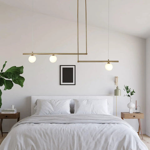 Three Light Glass Globe Linear Chandelier In Gold Finish Pendant Light For Living Room Dining Room Kitchen Island Modern Industrial Ceiling Fixture With Gold Glass Shade Options And Easy Install Mounts in bedroom setting