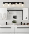 Matte Black Farmhouse 5 Lights Bathroom Vanity Lights With Globe Glass Shades Modern Wall Fixture For Over Mirror And Kitchen Cabinet