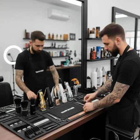 Barber preparing tools on Modular Magnetic Barber Mat Set With Five Strong Magnets Extra Large Non Slip Rubber Barbershop Station Mat.