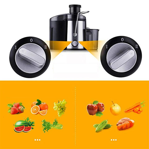 Heavy Duty Stainless Steel Juicer With Extra Wide Mouth For Smooth Extraction And No Pomace Or Pulp Leftovers Dual Speed Motor Settings for vegetables and fruits.