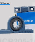 Heavy Duty Pillow Block Ball Bearings 2 Pack, 1 Inch Bore With Solid Cast Iron Base, Self Aligning Pillow Bearings shown with packaging