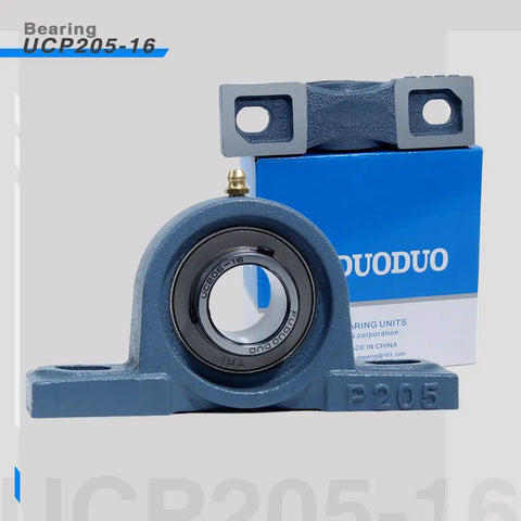 Heavy Duty Pillow Block Ball Bearings 2 Pack, 1 Inch Bore With Solid Cast Iron Base, Self Aligning Pillow Bearings shown with packaging