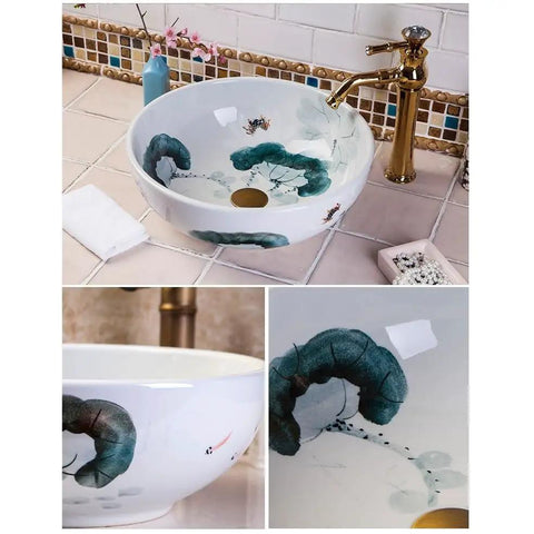 USZWBY Vessel Sinks Art Countertop Basin Round Retro Washbasin Bathroom Ceramic Washbasin with decorative floral design.