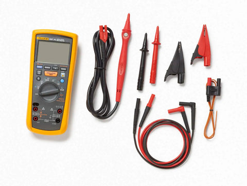1587 FC 2 In 1 Insulation Multimeter With Fluke Connect Measurements App and accessories on white background.